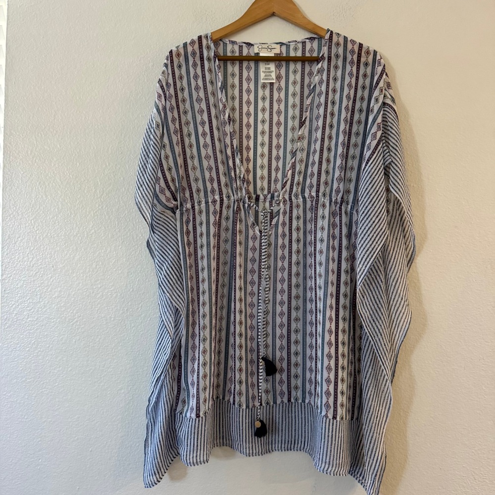 Jessica Simpson Kaftan Swim Cover Up Tassel Tie Geometric Striped Large Blue Exc